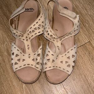 Earth Women's Light Beige Laser-Cut Wedge Sandals